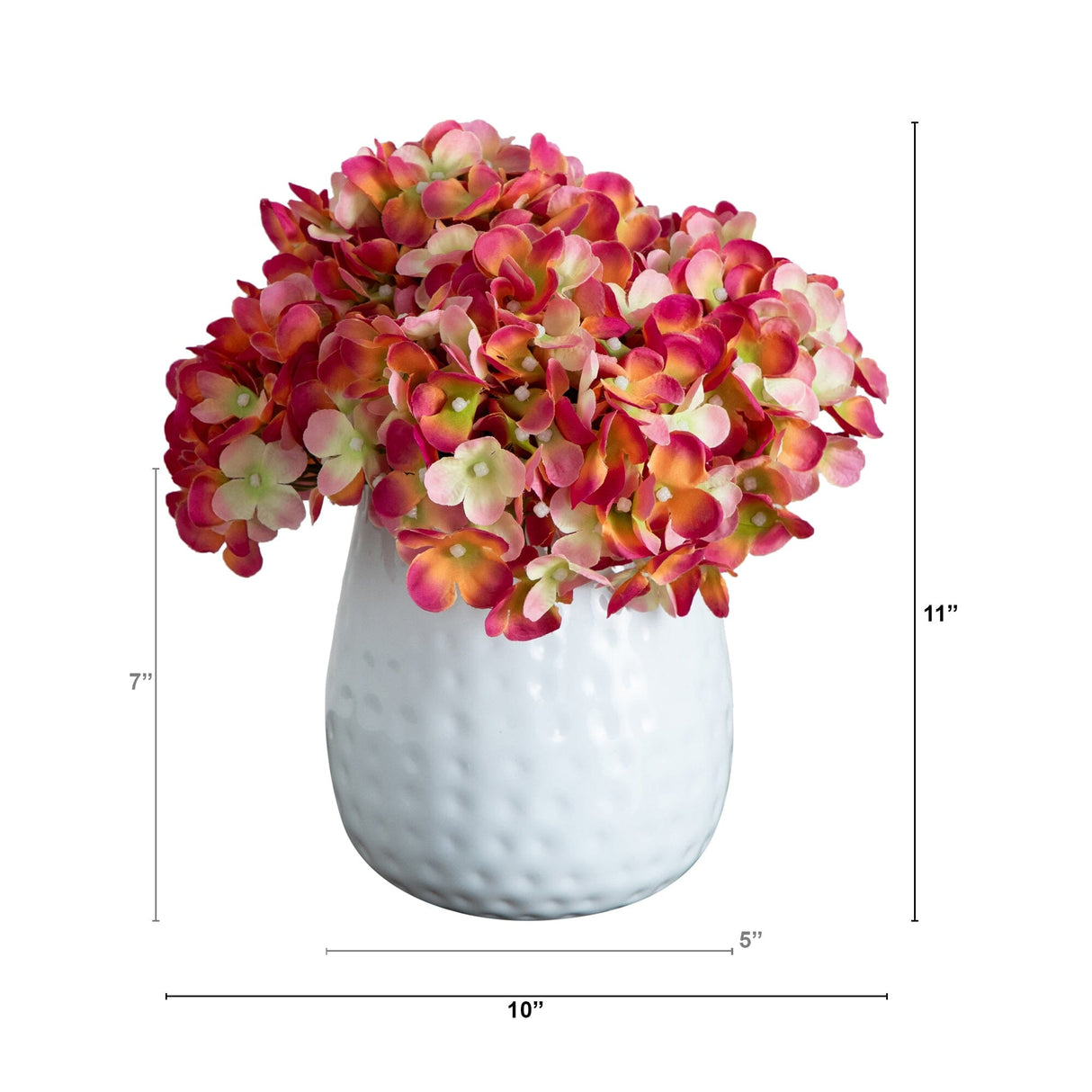 11” Artificial Hydrangea Arrangement in White Metal Vase-Arrangement-Parc Decor