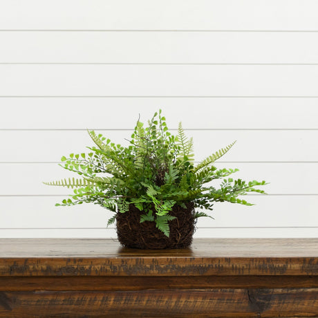 11" Artificial Mixed Fern Plant with Twig and Moss Basket
