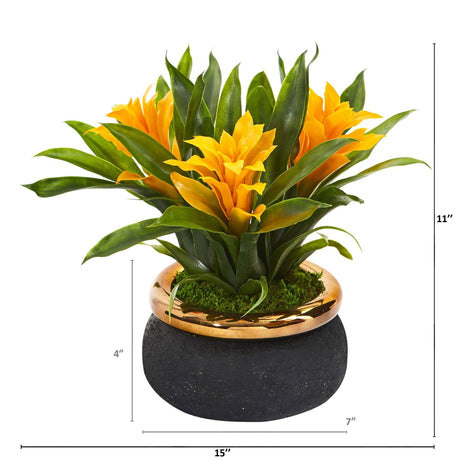 11” Bromeliad Artificial Plant in Stoneware Planter-Plant in Planter-Parc Decor