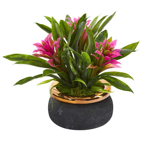 11” Bromeliad Artificial Plant in Stoneware Planter-Plant in Planter-Parc Decor