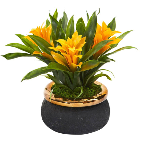 11” Bromeliad Artificial Plant in Stoneware Planter-Plant in Planter-Parc Decor