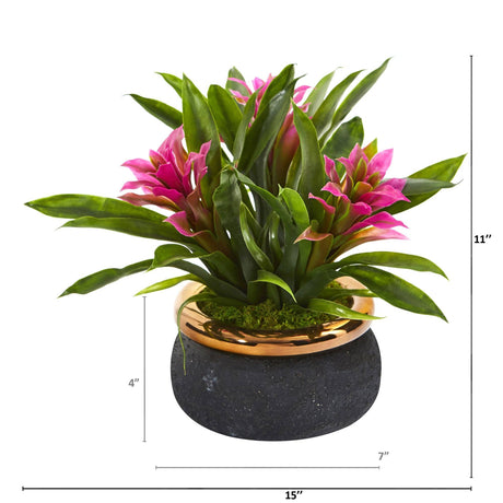 11” Bromeliad Artificial Plant in Stoneware Planter-Plant in Planter-Parc Decor