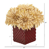 11” Dahlia Artificial Arrangement in Red Ceramic Cube-Arrangement-Parc Decor