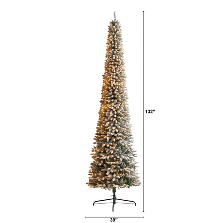 11’ Flocked Pencil Artificial Christmas Tree with 850 Clear Lights and 1435 Bendable Branches-Christmas Tree-Parc Decor