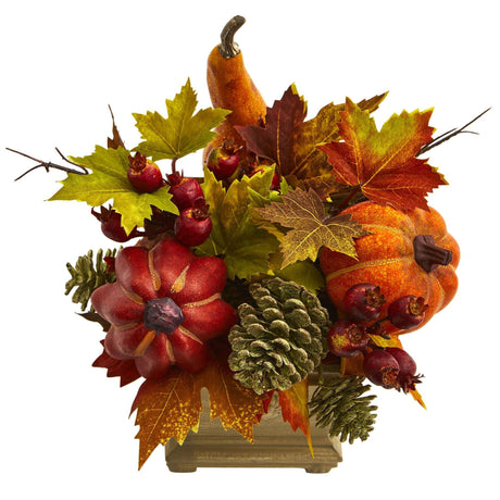11" Pumpkin, Gourd, Berry and Maple Leaf Artificial Arrangement"-Arrangement-Parc Decor