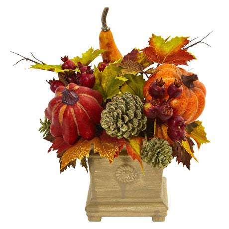 11" Pumpkin, Gourd, Berry and Maple Leaf Artificial Arrangement"-Arrangement-Parc Decor