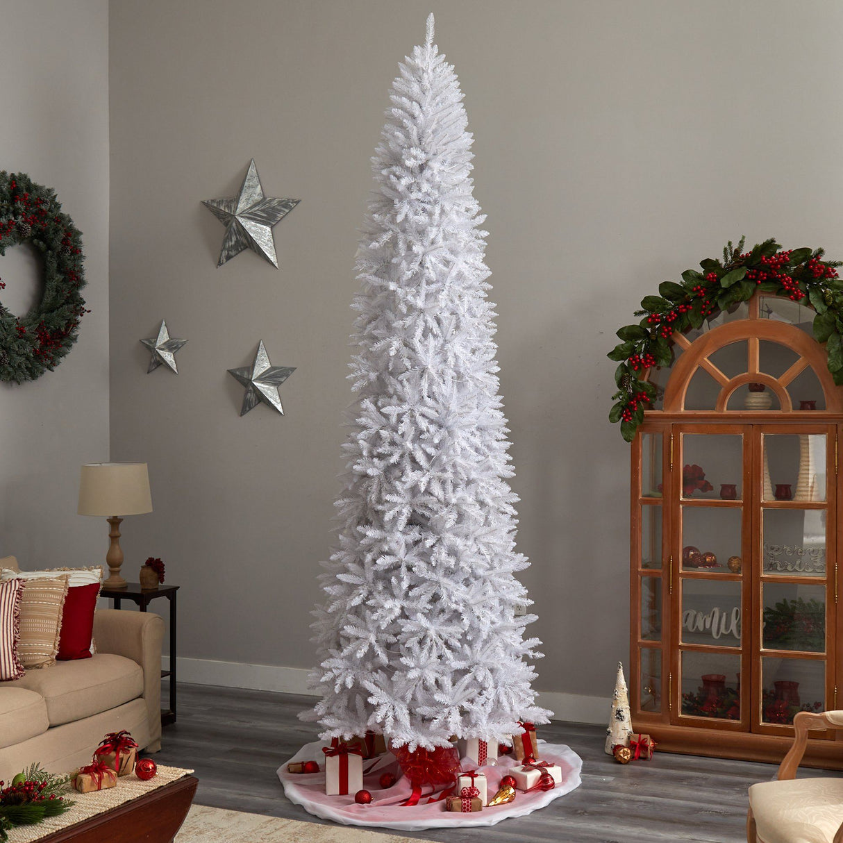11’ Slim White Artificial Christmas Tree with 950 Warm White LED Lights and 2836 Bendable Branches-Christmas Tree-Parc Decor