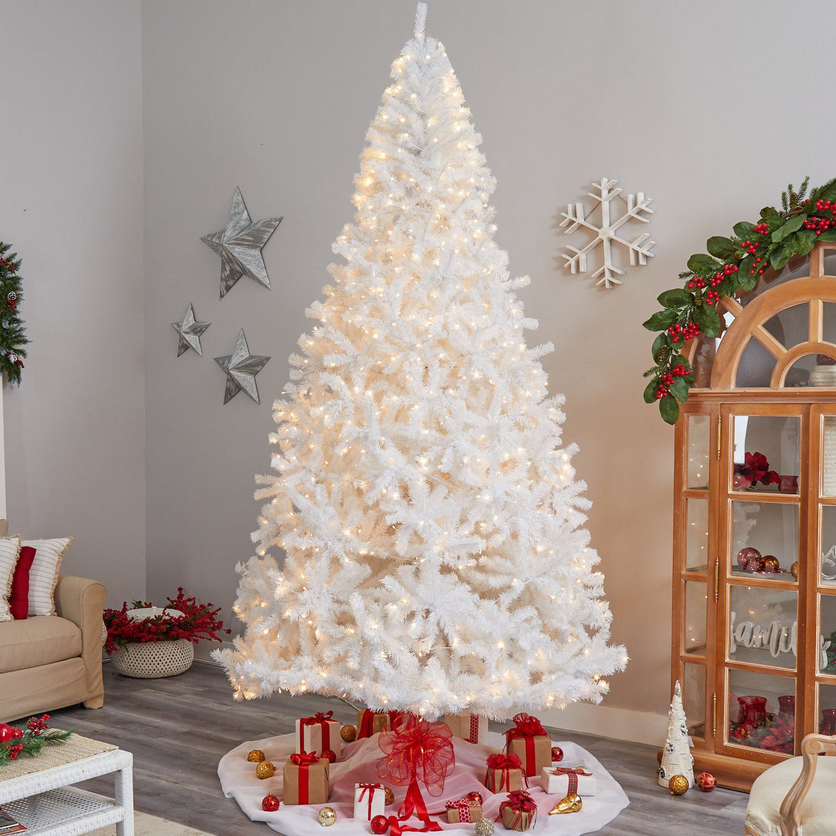 11' White Artificial Christmas Tree with 2720 Bendable Branches and 1000 LED Lights-Christmas Tree-Parc Decor