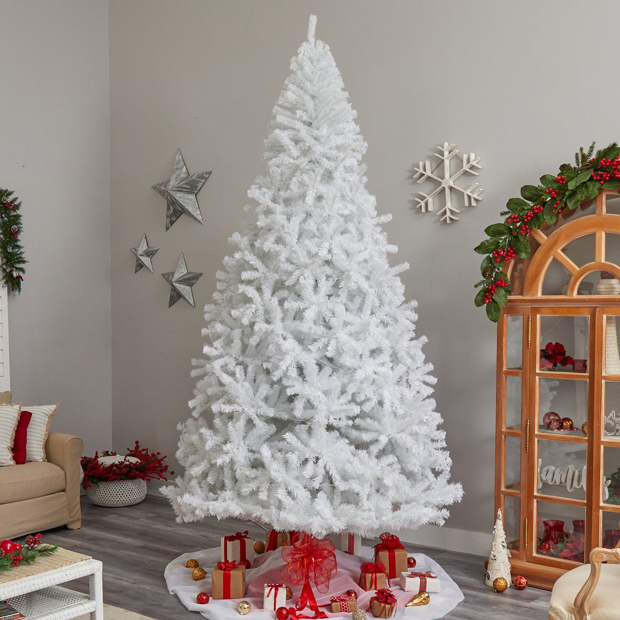 11' White Artificial Christmas Tree with 2720 Bendable Branches and 1000 LED Lights-Christmas Tree-Parc Decor
