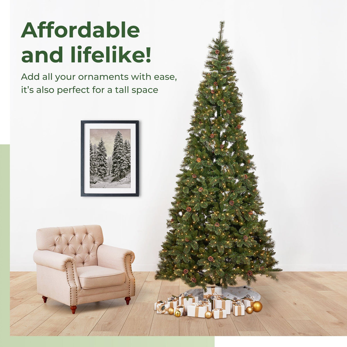 11’ White Mountain Pine Artificial Christmas Tree with 1050 Clear LED Lights, Pine Cones and 2395 Bendable Branches-Christmas Tree-Parc Decor