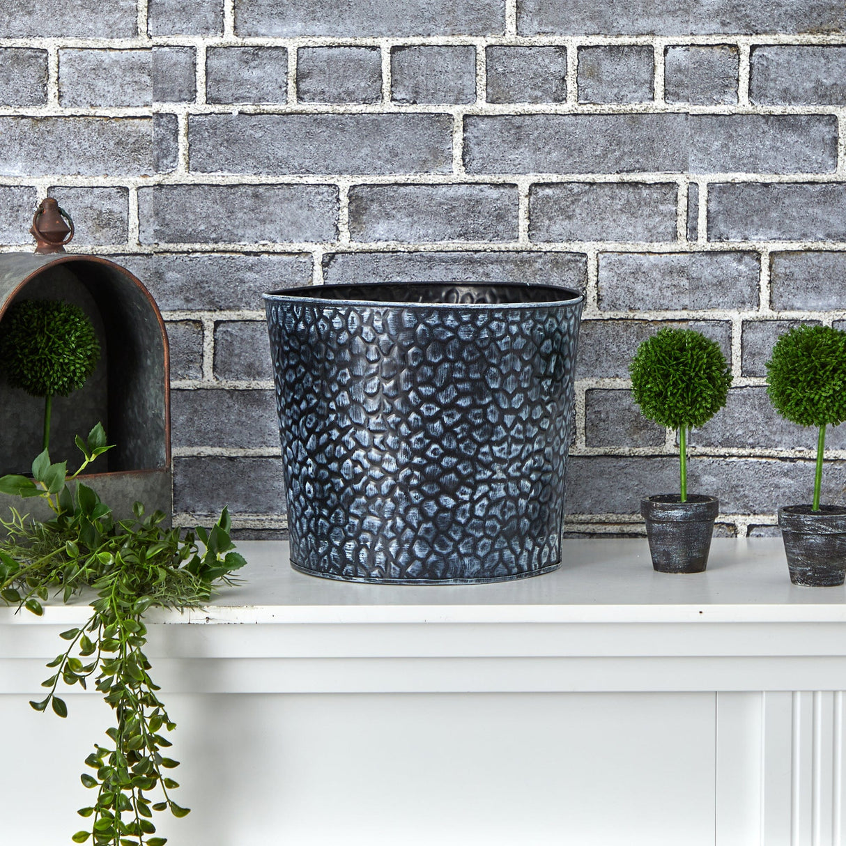 11.5” Embossed Tin Bucket with Pebble Pattern-Planter-Parc Decor