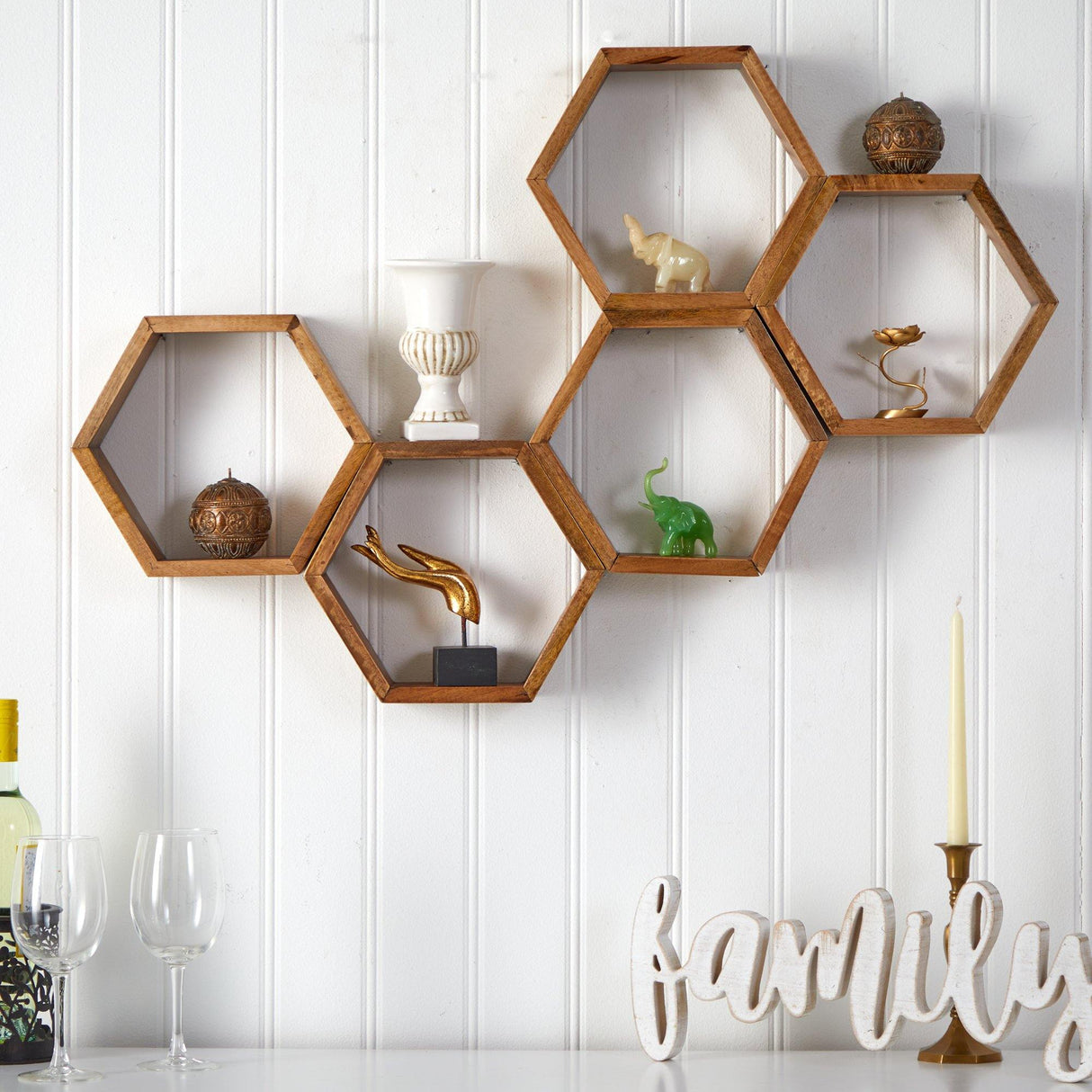 12” Wooden Hexagon Floating Honeycomb Shelve (Set of 5)-Parc Decor