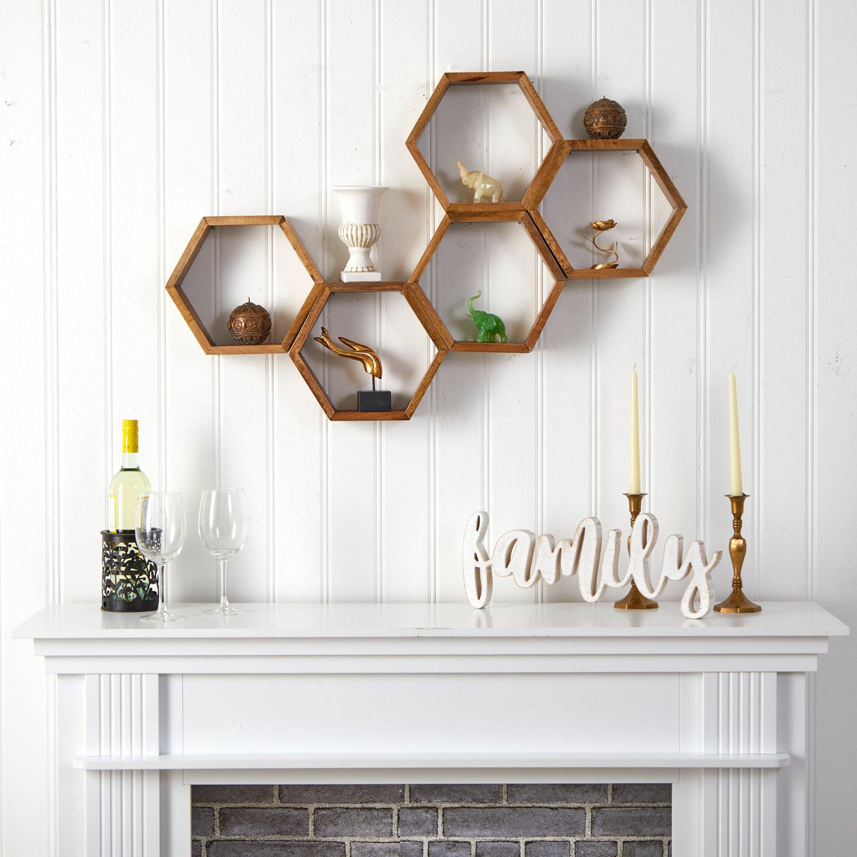 12” Wooden Hexagon Floating Honeycomb Shelve (Set of 5)-Parc Decor