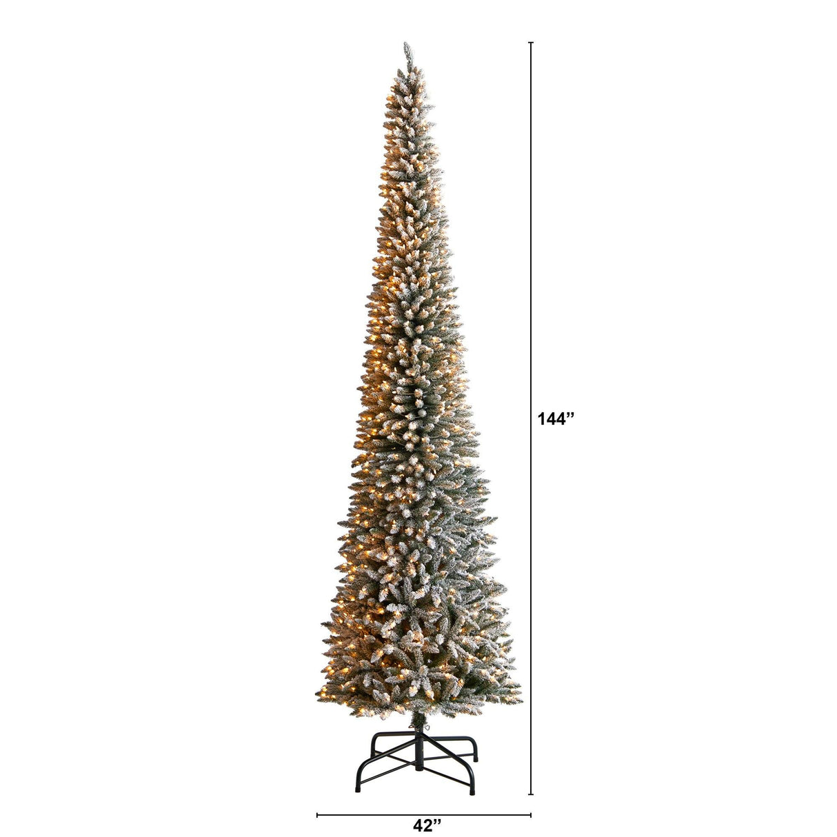 12’ Flocked Pencil Artificial Christmas Tree with 1000 Clear Lights and 1819 Bendable Branches-Christmas Tree-Parc Decor