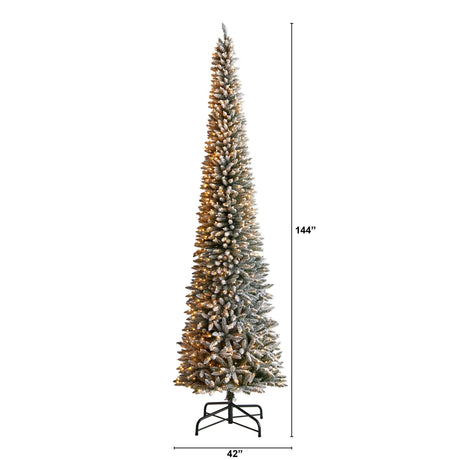 12’ Flocked Pencil Artificial Christmas Tree with 1000 Clear Lights and 1819 Bendable Branches-Christmas Tree-Parc Decor