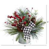 12” Frosted Pinecones and Berries Artificial Arrangement in Vase with Decorative Plaid Bow-Arrangement-Parc Decor