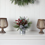 12” Frosted Pinecones and Berries Artificial Arrangement in Vase with Decorative Plaid Bow-Arrangement-Parc Decor