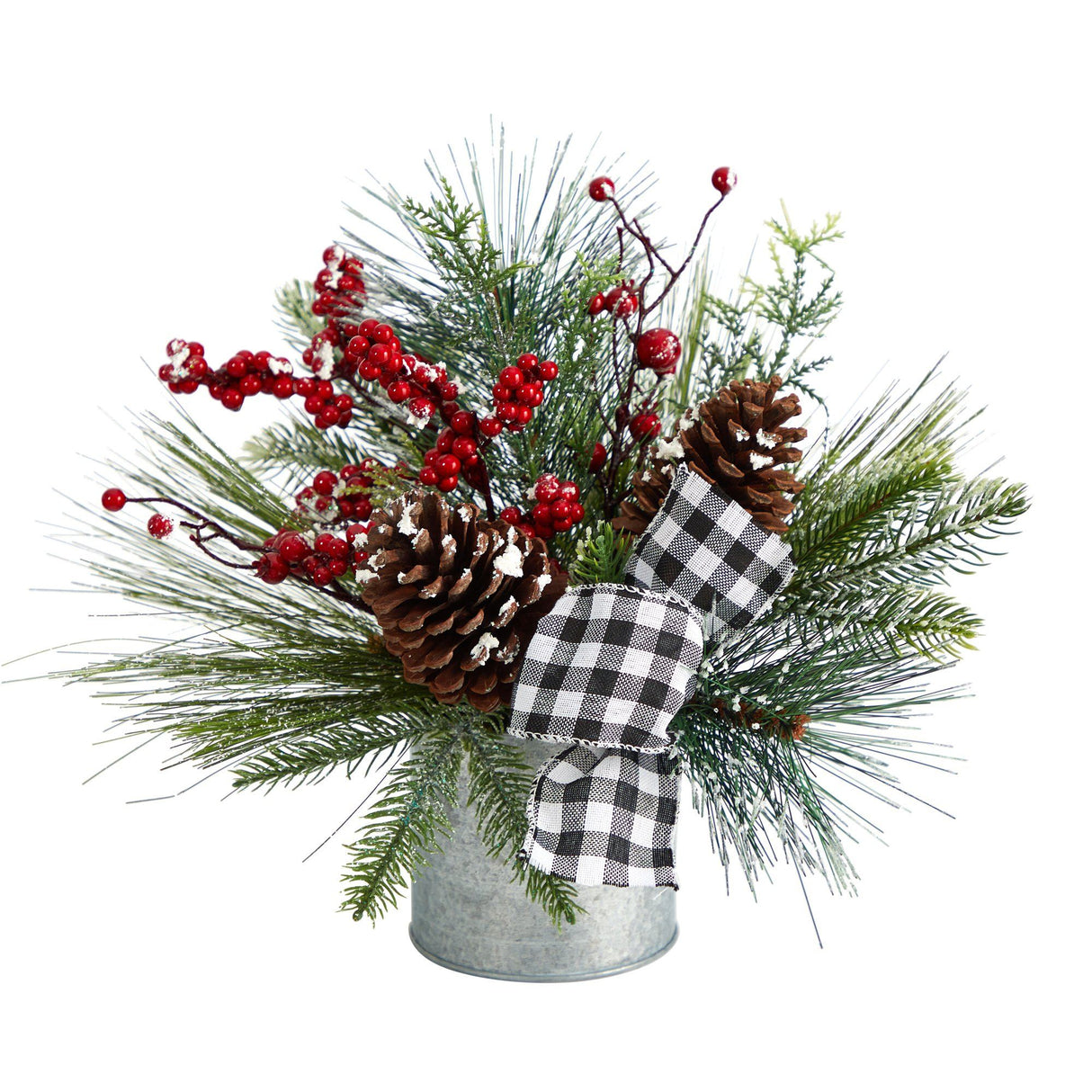 12” Frosted Pinecones and Berries Artificial Arrangement in Vase with Decorative Plaid Bow-Arrangement-Parc Decor