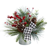 12” Frosted Pinecones and Berries Artificial Arrangement in Vase with Decorative Plaid Bow-Arrangement-Parc Decor
