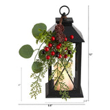 12" Holiday Berries and Greenery Metal Lantern Table Christmas Arrangement with LED Candle Included"-Candelabrum-Parc Decor