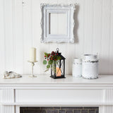 12" Holiday Berries and Greenery Metal Lantern Table Christmas Arrangement with LED Candle Included"-Candelabrum-Parc Decor