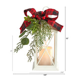 12" Holiday White Lantern With Berries, Pine and Plaid Bow Christmas Table Arrangement"-Candelabrum-Parc Decor