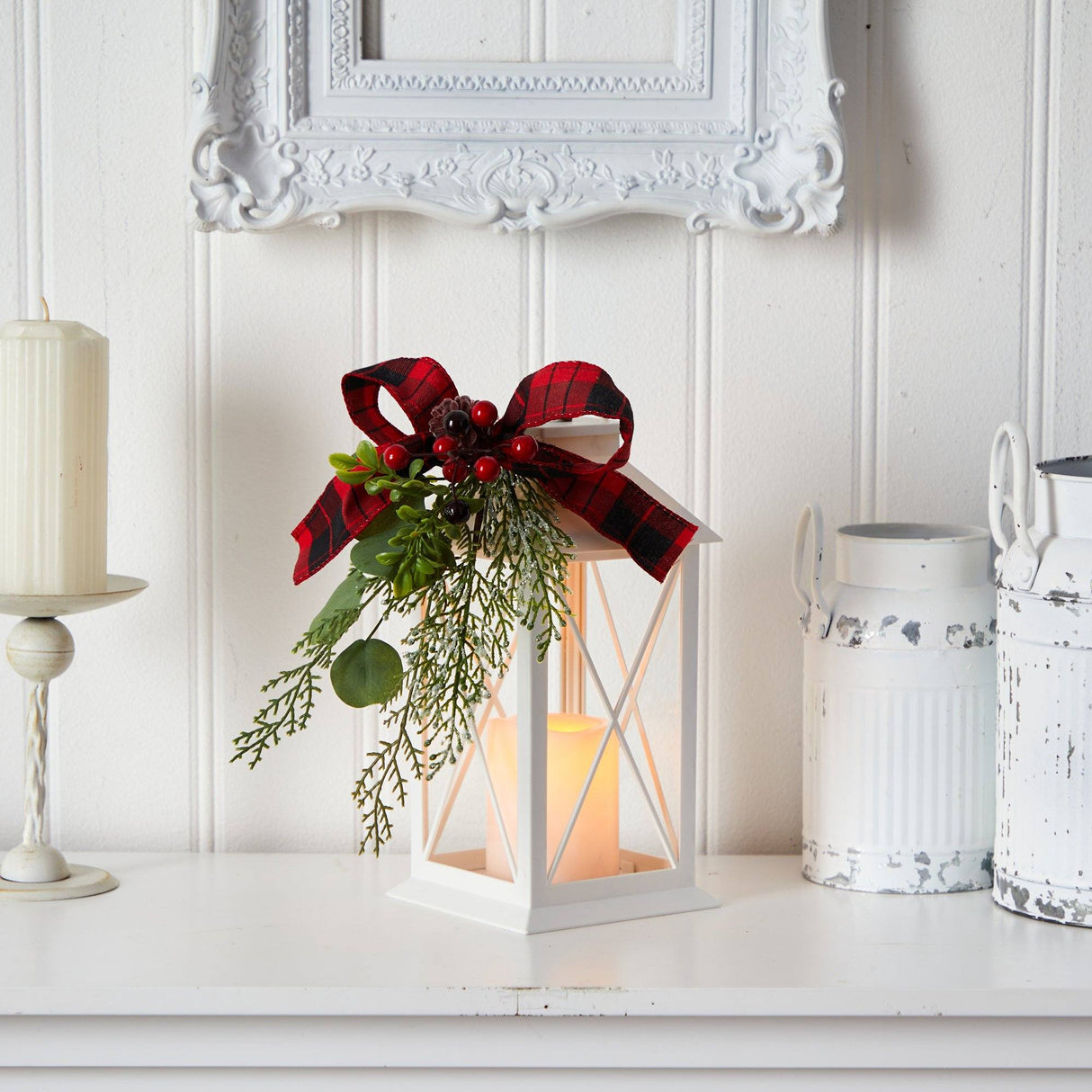 12" Holiday White Lantern With Berries, Pine and Plaid Bow Christmas Table Arrangement"-Candelabrum-Parc Decor