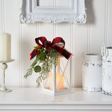 12" Holiday White Lantern With Berries, Pine and Plaid Bow Christmas Table Arrangement"-Candelabrum-Parc Decor