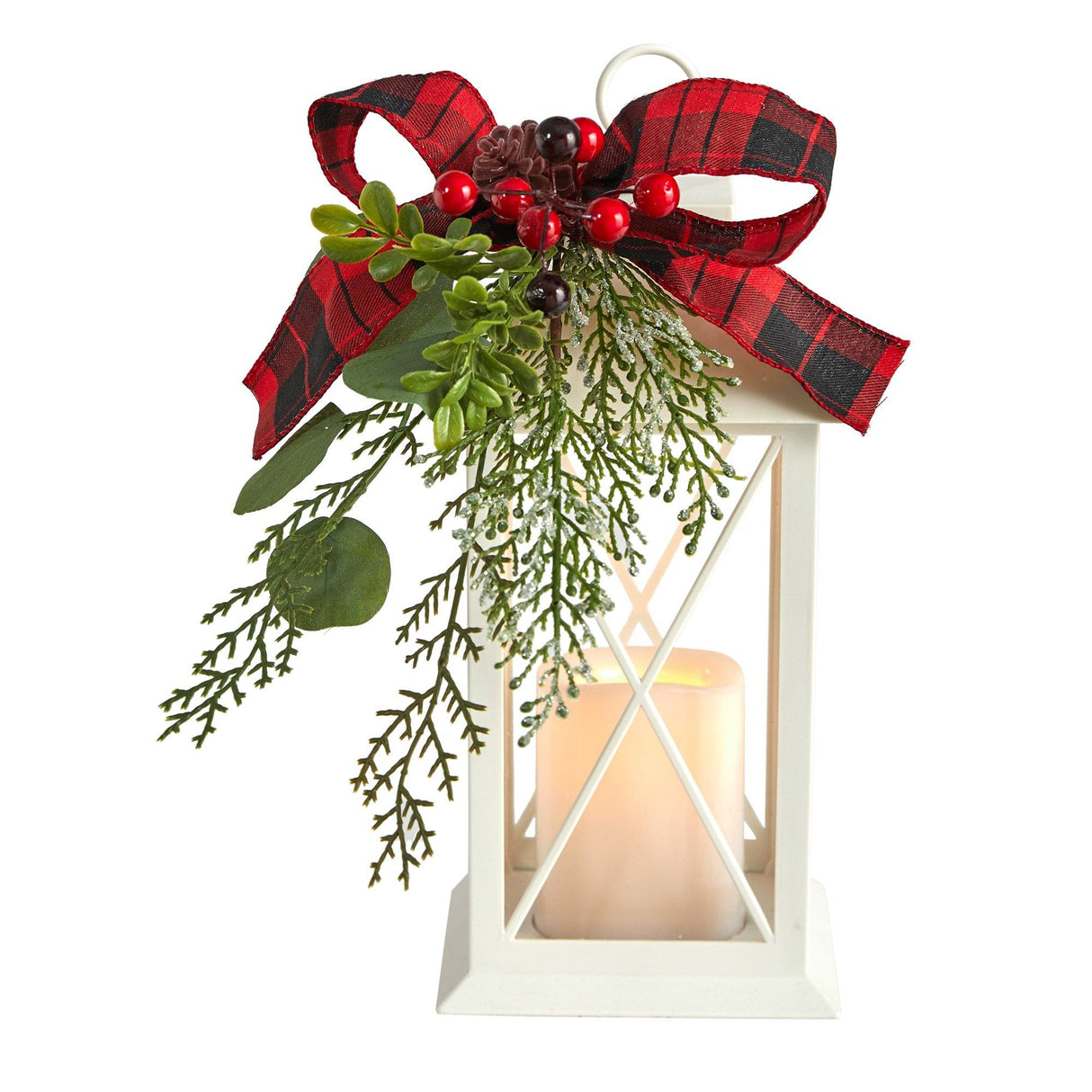 12" Holiday White Lantern With Berries, Pine and Plaid Bow Christmas Table Arrangement"-Candelabrum-Parc Decor