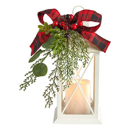 12" Holiday White Lantern With Berries, Pine and Plaid Bow Christmas Table Arrangement"-Candelabrum-Parc Decor