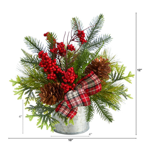 12” Holiday Winter Pinecones, Berries, Greenery and Plaid Bow Artificial Christmas Table Arrangement-Arrangement-Parc Decor