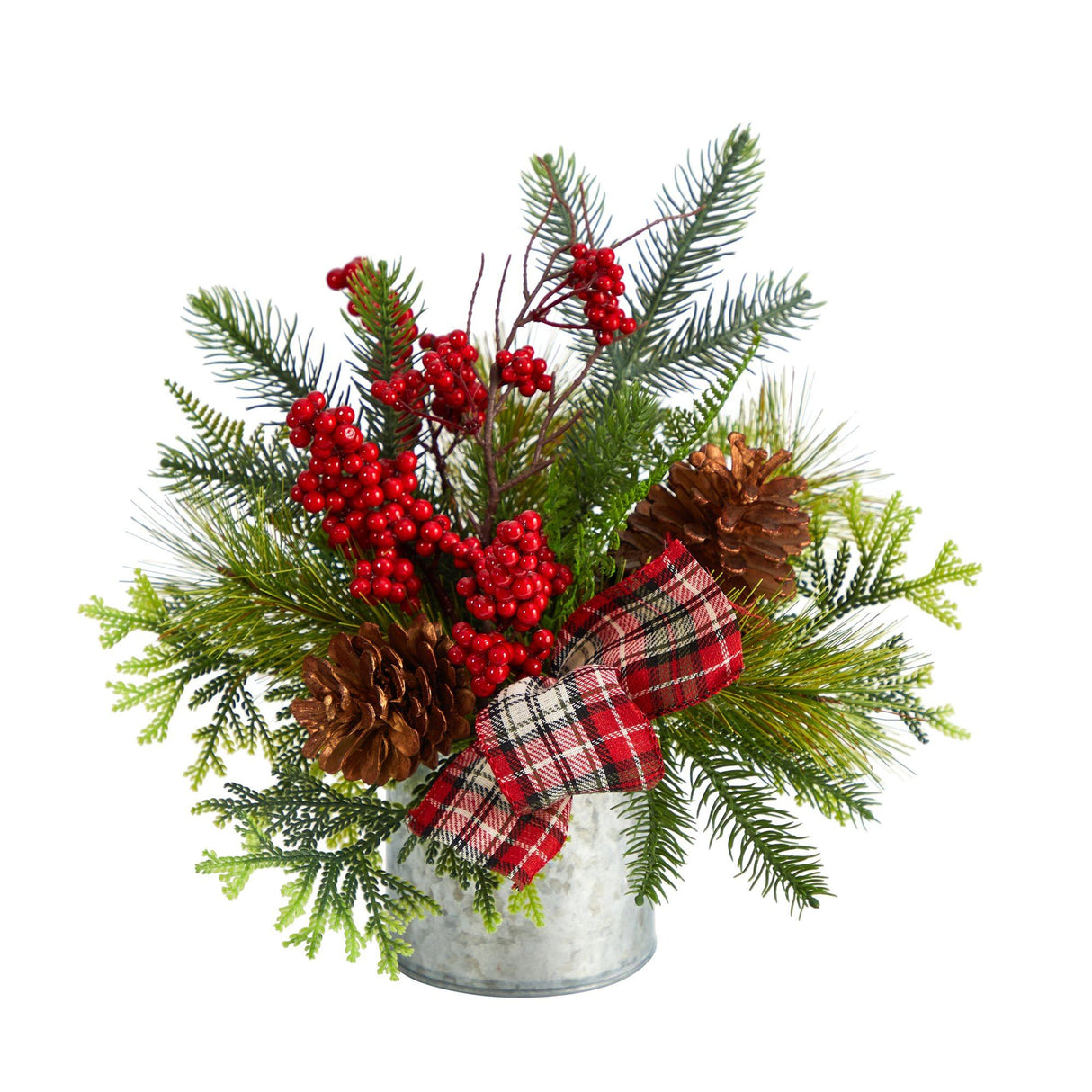 12” Holiday Winter Pinecones, Berries, Greenery and Plaid Bow Artificial Christmas Table Arrangement-Arrangement-Parc Decor