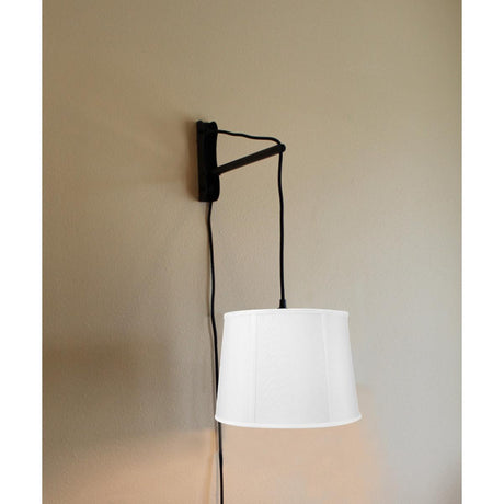 12"W MAST Plug-In Wall Mount Pendant 1 Light Black Cord/Arm Drum White Shade-Wall Lights-Parc Decor