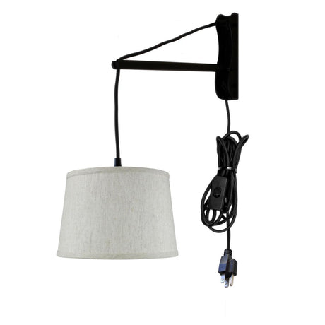 12"W MAST Plug-In Wall Mount Pendant 1 Light Black Cord/Arm Shallow Drum Textured Oatmeal Shade-Wall Lights-Parc Decor