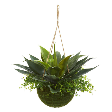 13" Agave and Maiden Hair Artificial Plant in Hanging Basket (Indoor + Outdoor)"-Parc Decor