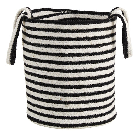 13” Boho Chic Basket Natural Cotton, Handwoven Black and White Stripe with Handles-Parc Decor