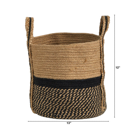 13" Boho Chic Basket Natural Jute Basket Planter, Black Bottom Natural Top with Handles"-Parc Decor
