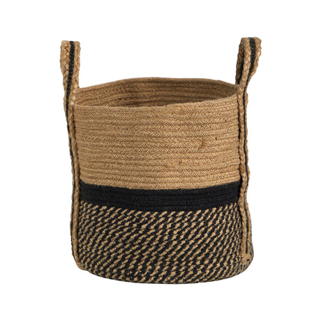 13" Boho Chic Basket Natural Jute Basket Planter, Black Bottom Natural Top with Handles"-Parc Decor