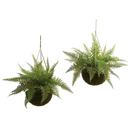 13" Leather Fern Hanging Basket w/ Moss - Set of 2 + (Indoor/Outdoor)-Parc Decor