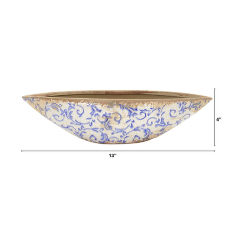 13” Tuscan Ceramic Blue Scroll Decorative Bowl-Parc Decor