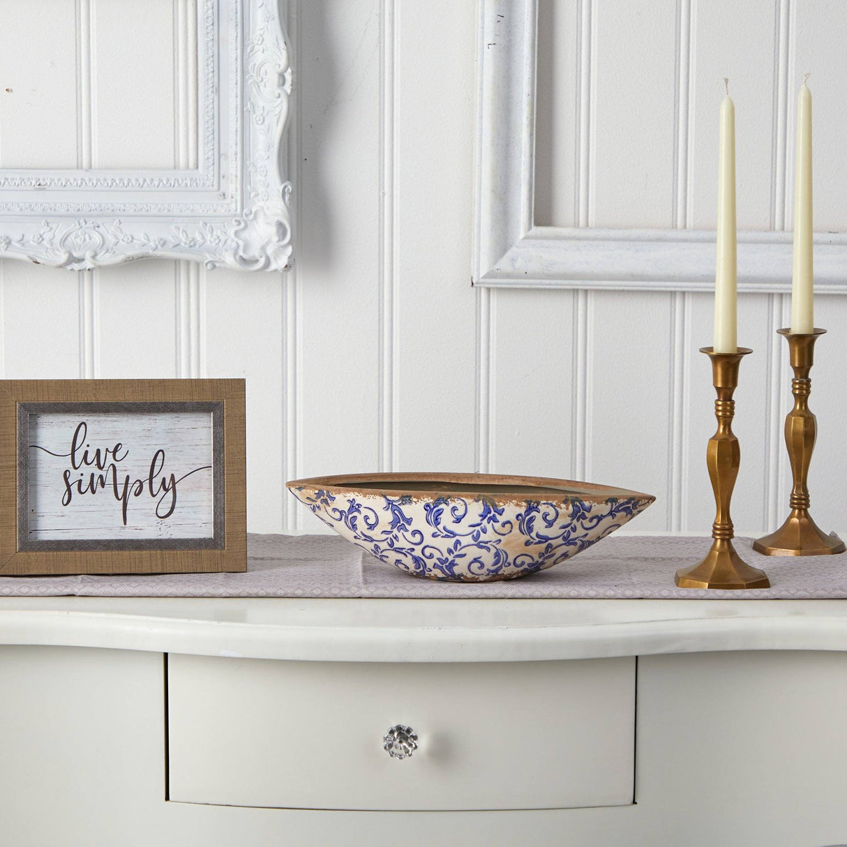 13” Tuscan Ceramic Blue Scroll Decorative Bowl-Parc Decor