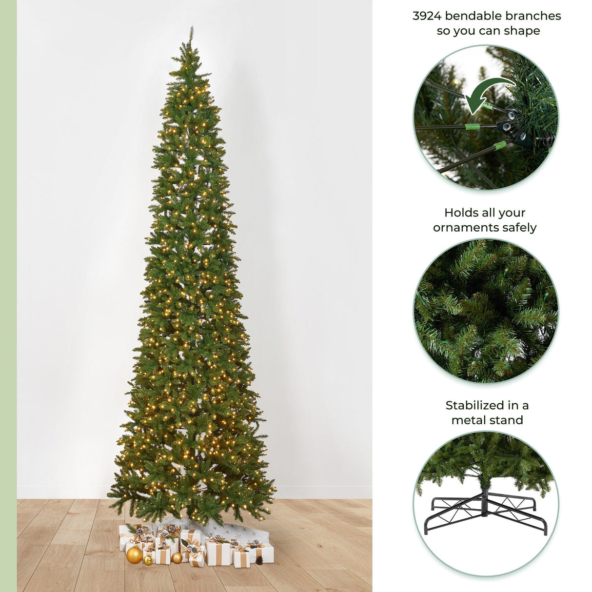 13’ Artificial Slim Green Mountain Pine Christmas Tree with 1360 Warm White LED Lights and 3924 Bendable Branches-Christmas Tree-Parc Decor