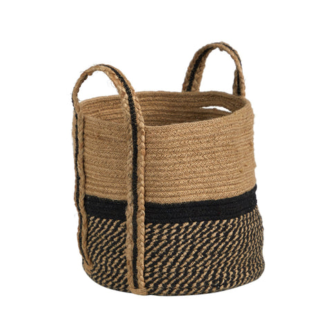 13" Boho Chic Basket Natural Jute Basket Planter, Black Bottom Natural Top with Handles"-Parc Decor