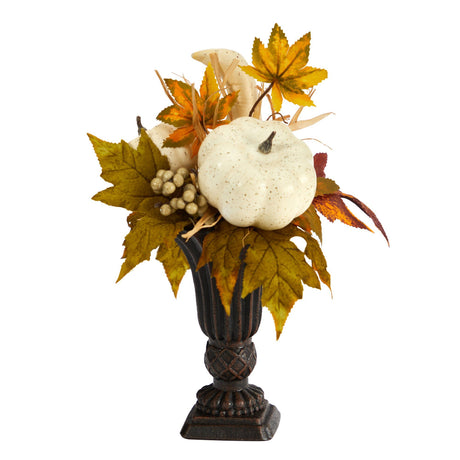13” Fall Pumpkin and Berries Artificial Autumn Arrangement in Decorative Urn-Arrangement-Parc Decor