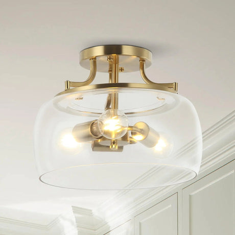 13 Inch 3-Light Brass Gold Semi-Flush Mount Ceiling Light Fixture with Clear Glass Shade