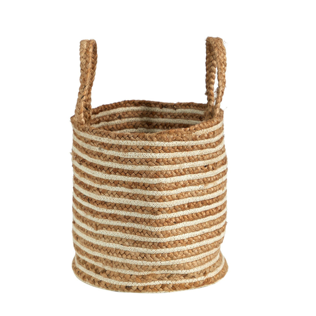 14” Boho Chic Basket Natural Cotton and Jute, Handwoven Stripe with Handles-Parc Decor