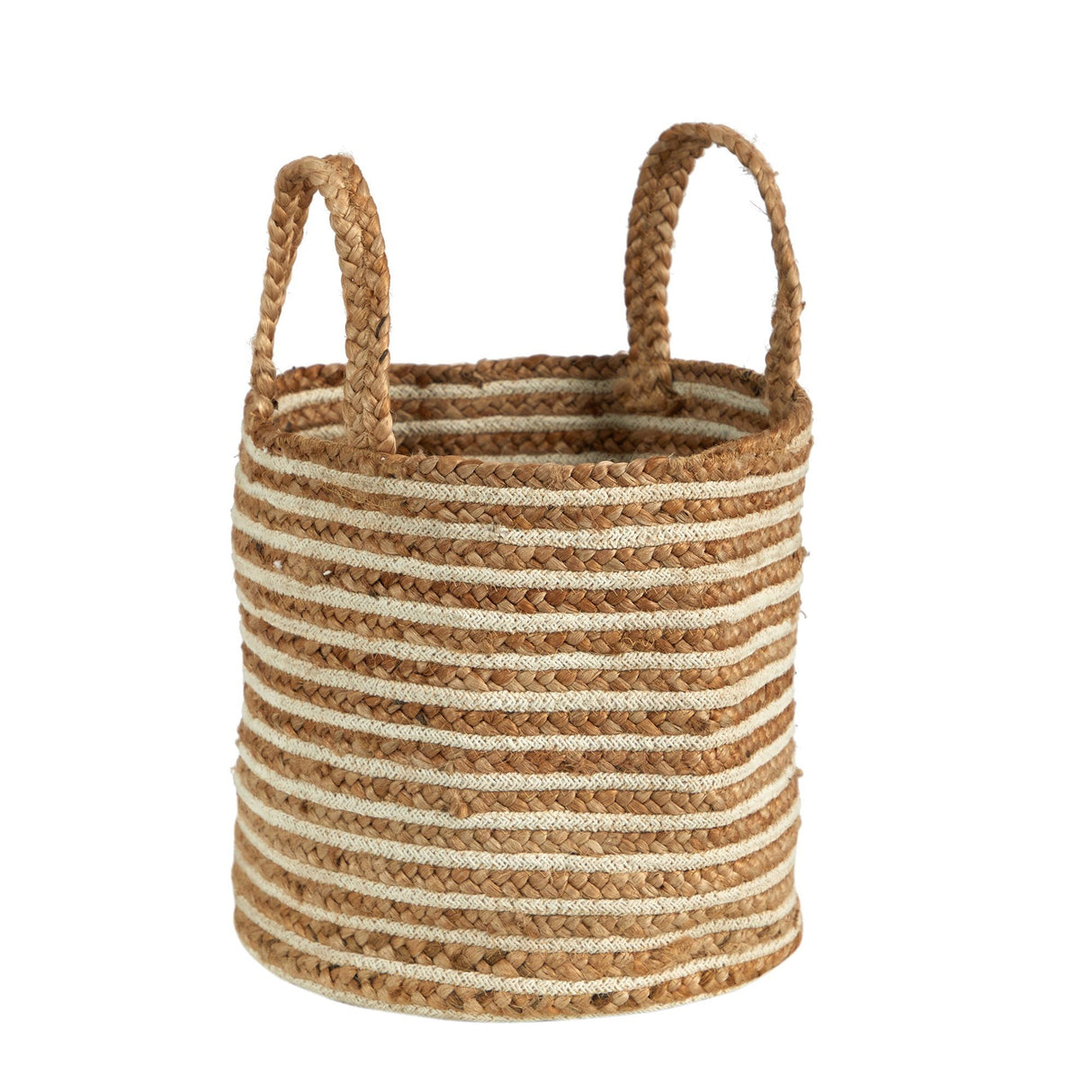 14” Boho Chic Basket Natural Cotton and Jute, Handwoven Stripe with Handles-Parc Decor