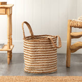 14” Boho Chic Basket Natural Cotton and Jute, Handwoven Stripe with Handles-Parc Decor