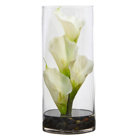 14” Calla Lily Artificial Arrangement in Cylinder Glass-Parc Decor