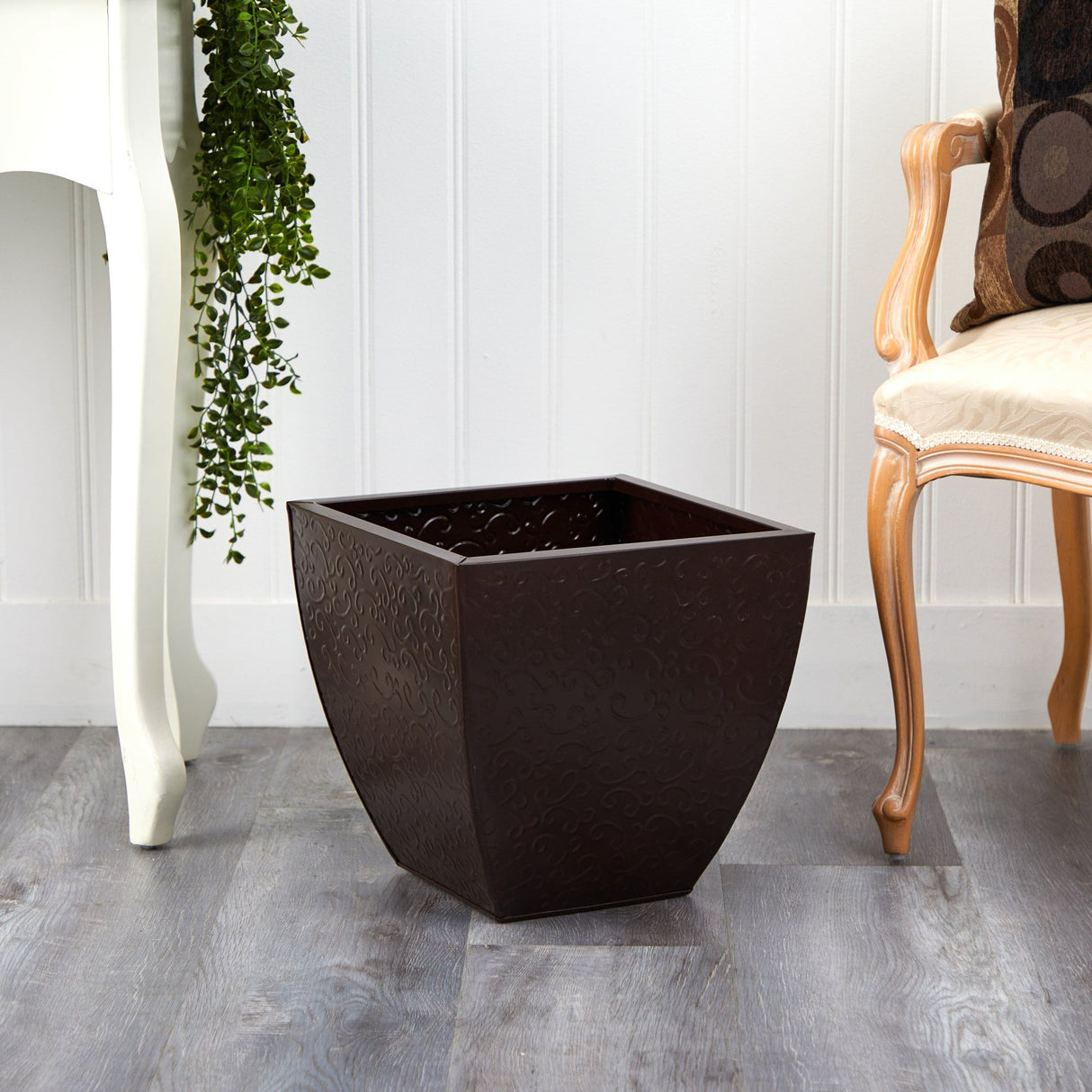 14” Embossed Metal Scroll Planter-Parc Decor